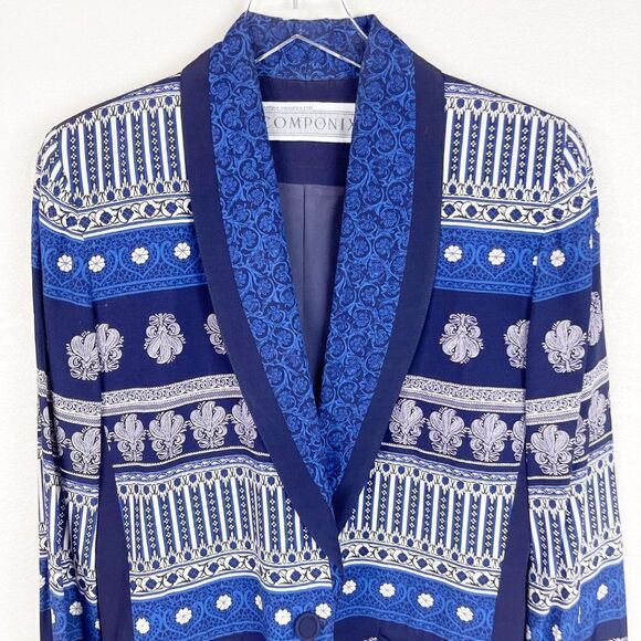 Vintage 80s Printed Blazer Jacket Navy Blue Jacket Marsha Brander Componix - Picture 2 of 7